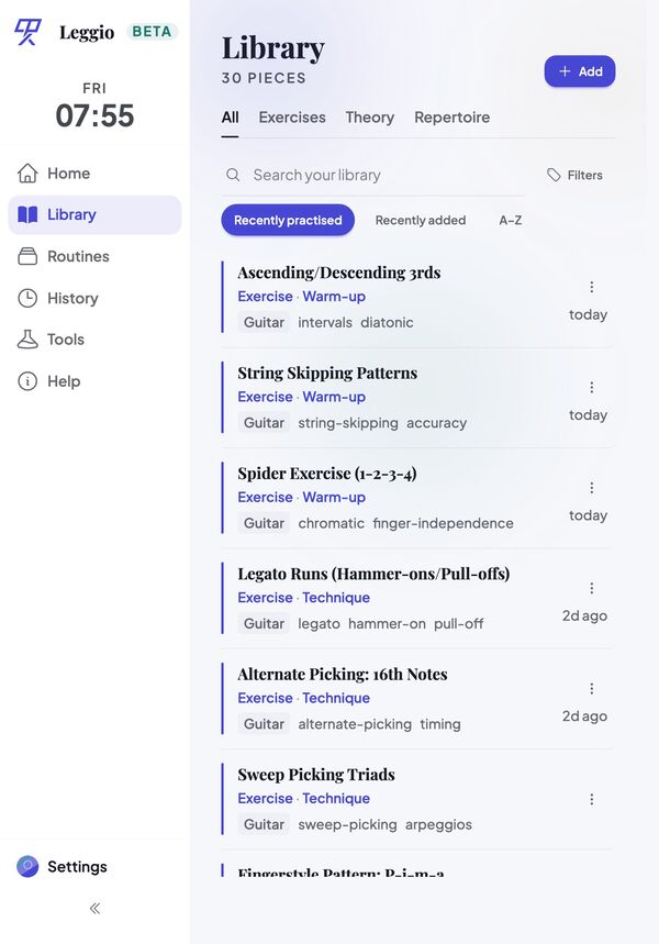 Library screen, listing exercises, theory, and repertoire