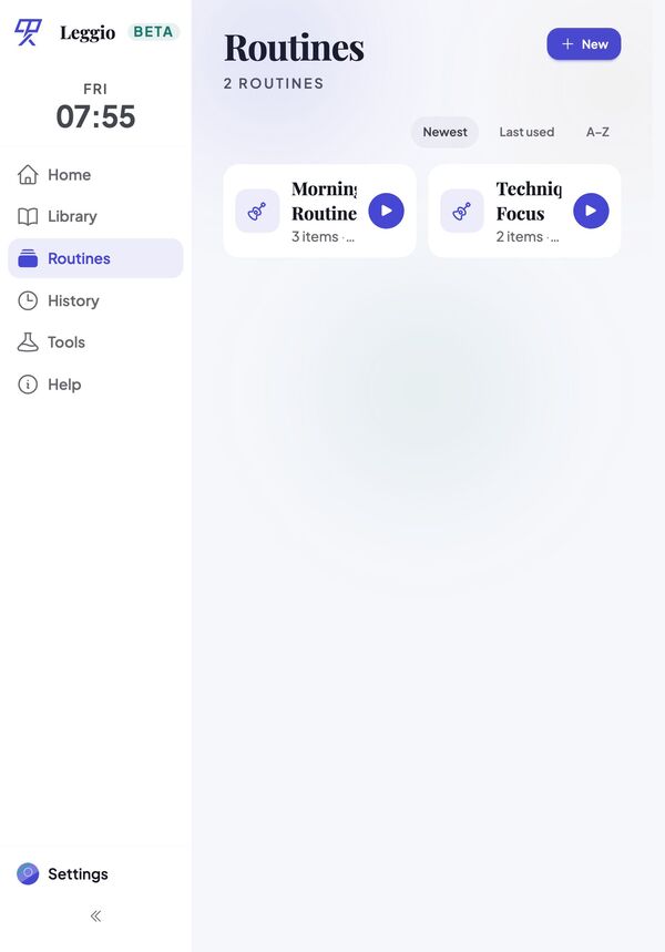 Routines screen, listing saved practice routines