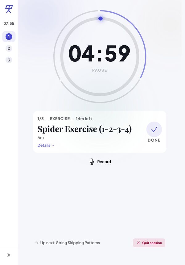 An active practice session in Leggio, with a running timer and the next exercise queued
